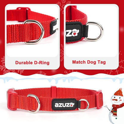azuza 3 Pack Christmas Nylon Dog Collars Buffalo Check Durable and Comfortable Dog Collars with ID Tag Ring Adjustable for Large Dogs, L (18-26inch)
