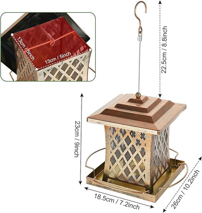 Outdoor Bird Feeder, Heavy Duty Retro Lamp Style Bird Feeders for Outside Hanging, Double Metal Mesh Birdfeeder with Lid Fixing Buckle, 3Lbs Capacity - Bronze