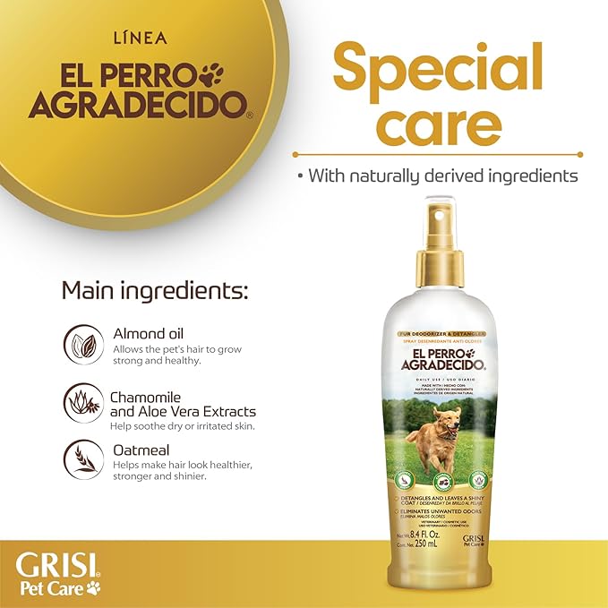 Perro Agradecido Anti Odor Spray®, Grooming Spray for Dogs, Sensitive Skin, Eliminates Odor, Shiny Coat, Easy Dog Brushing, Natural Ingredients, 2-Pack, 8.4 Fl Oz Each, 2 Spray Bottles