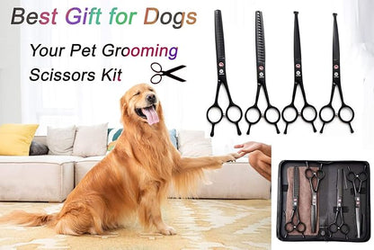 Dream Reach 7.0 Inches Professional Pet Cat Dog Grooming Shears Scissors, Straight, Curved, Thinning/Blending/Chunking Scissors Kit (4-Set Blunt Tip)