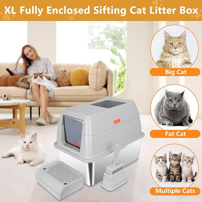 ELEGX Pine Litter Sifting Cat Litter Box, 4-in-1 Cat Metal Litter Box Set,Enclosed Removable Metal Litter Box with Screen Mesh,High Sided Enclosure,Mat & Scoop (Grey)