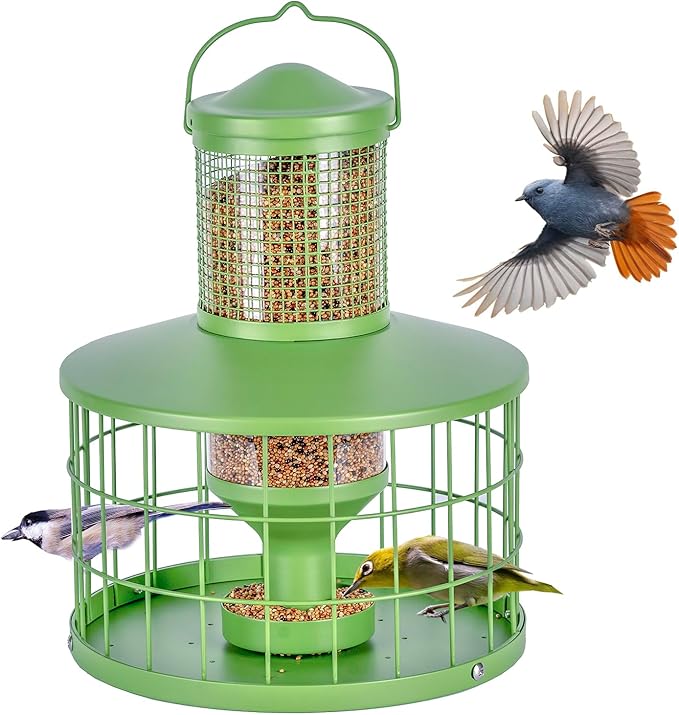 Caged Bird Feeders Squirrel-Proof, Metal, 2.8Lbs Capacity-Cage Tube Seed Feeders with Tray, Hanging Wild Bird Feeders, Attract Birds,Detachable Cleaning, Starling Proof Wild Bird Feeder（Green）