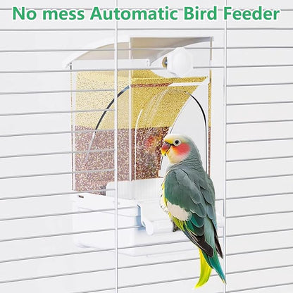Hamiledyi Automatic Bird Feeder No Mess Bird Cage Feeder Transparent Acrylic Parrot Seed Food Container with Perch Cage Accessories for Parakeet Finch Lovebirds Budgies Canary (White)