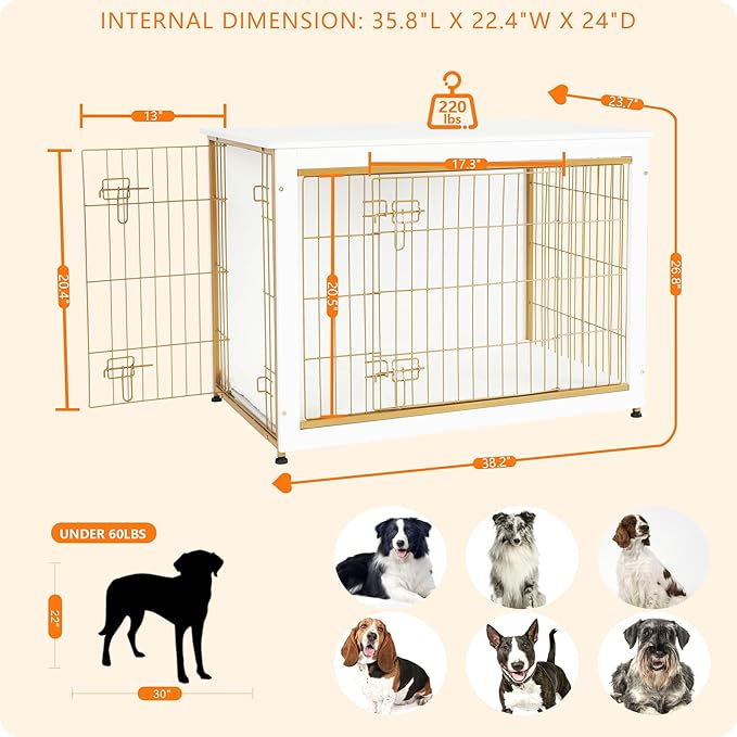 DWANTON Dog Crate Furniture with Cushion, Wooden Dog Crate Table, Double Doors Dog Furniture, Indoor Dog Kennel, Dog House, Dog Cage Large, 38.5" L, White