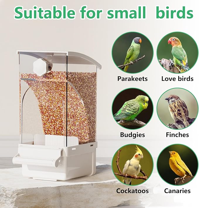 Hamiledyi Automatic Bird Feeder No Mess Bird Cage Feeder Transparent Acrylic Parrot Seed Food Container with Perch Cage Accessories for Parakeet Finch Lovebirds Budgies Canary (White)