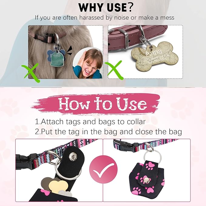 6 Pieces Dog Tag Holder Portable Pet ID Tag Soundless Dog Tag Silencer Bag Cover with Rings Quiet Dog Tag Bag Protector for Dogs Cats Pets (Paw Style)
