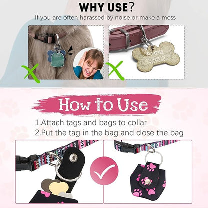 6 Pieces Dog Tag Holder Portable Pet ID Tag Soundless Dog Tag Silencer Bag Cover with Rings Quiet Dog Tag Bag Protector for Dogs Cats Pets (Paw Style)
