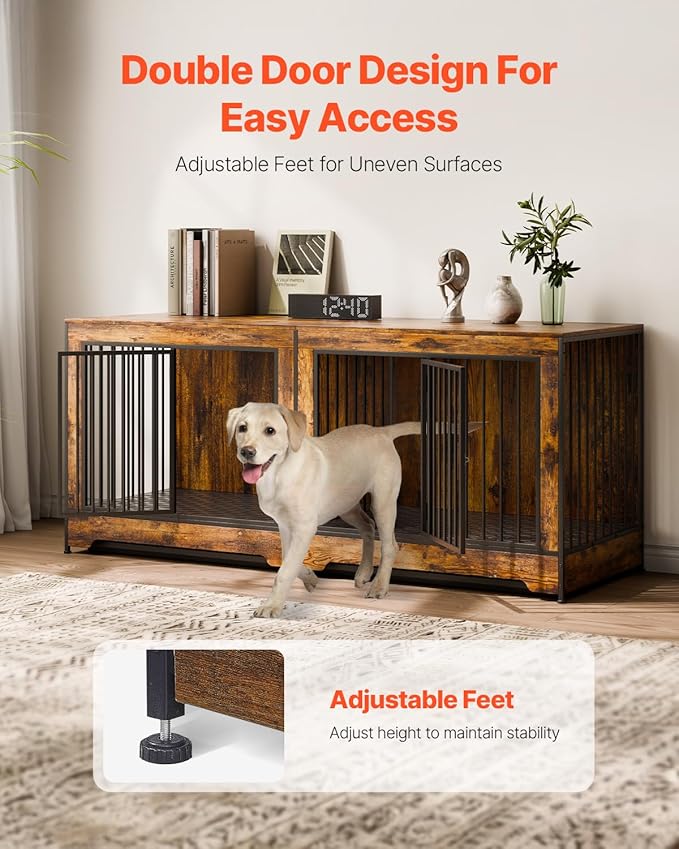 VEVOR 75" Dog Crate Furniture for 2 Dogs,Extra Large Double Dog Crate Furniture Large Breed with Divider & Double Doors,Large Wooden Dog Crate Furniture TV Stand for Medium Large Dogs Brown