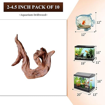 majoywoo Natural Small Driftwood for Aquarium Decor Reptile Decor, Assorted Driftwood Branch 2-4.5" 10 Pcs, Fish Tank Decorations
