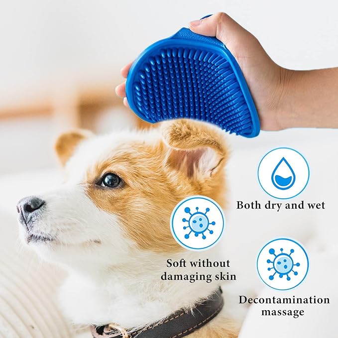 Dog Grooming Shampoo Bath Brush - 2 Pcs Soothing Massage Rubber Comb for Long & Short Haired Dogs and Cats - Blue & Black