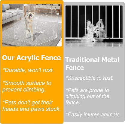 Acrylic Dog Gate for The House 6 Panel 120" W x 24" H Foldable Dog Playpen Indoor with Handles, Free-Standing Pet Gates Clear Dog Pen for Dogs Puppy Cat Rabbit Accessories with Door
