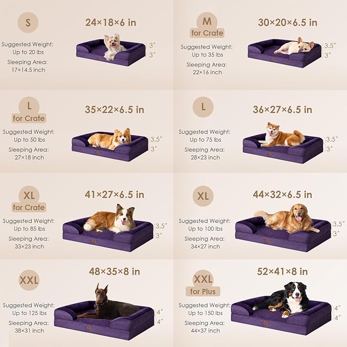 EHEYCIGA Orthopedic Dog Beds for Large Dogs, Waterproof Memory Foam Large Dog Bed with Sides, Non-Slip Bottom and Egg-Crate Foam Large Dog Couch Bed with Washable Removable Cover, Purple