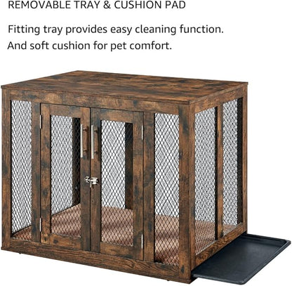 unipaws Large Dog Crate Furniture with Tray 38 inch, Wooden Kennel Pet House Dog Cage with Door, Modern Decorative Dog Crate End Side Table Nightstand, Rustic