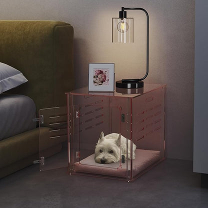 Sumerflos Acrylic Dog Crate Furniture - Clear Pink Dog Kennel End Table for Small Dog Cat Pet, Indoor Lockable End Table Dog Crate Ventilated See-Through, 23.6" L x 17.7" W x 20.0" H