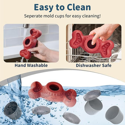 Enrichment Dog Treat Toys - Frozen Dog Treat Dispensing Chew Toy for Aggressive Chewers to Keep Them Busy, Ice Cream Holder Freeze Bone with Mold Cups, Fillable Cognitive Licking Toy, Red