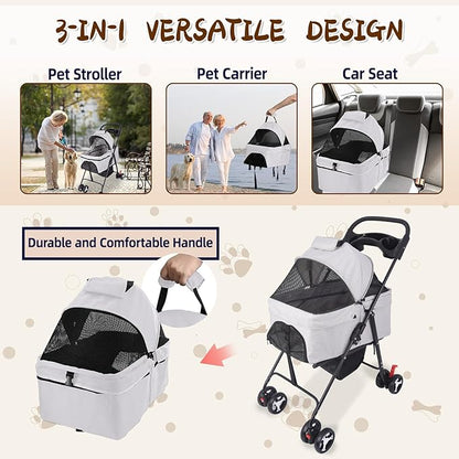 3 in 1 Dog Stroller, 4 Wheels Pet Stroller Dog Cat Stroller for Medium Small Dog Cats Up to 50lbs, Foldable Carrier Jogger Travel Puppy Stroller with Cup Holder & Breathable Mesh, Grey