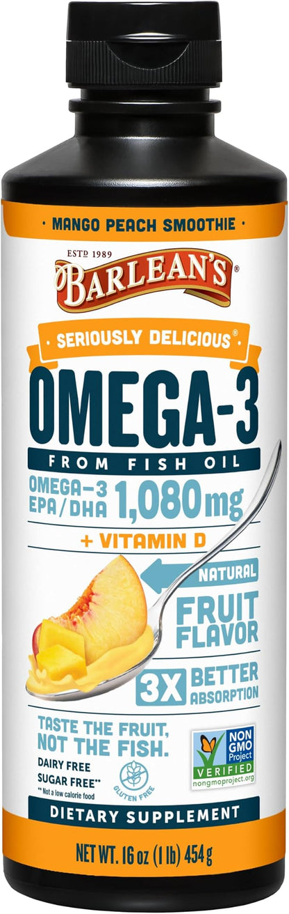 Barlean's Mango Peach Omega 3 Fish Oil Liquid Supplement with Vitamin D, 1080mg EPA & DHA Fatty Acid, Smoothie Flavored & Burpless for Brain, Joint, & Heart Health, 16 oz