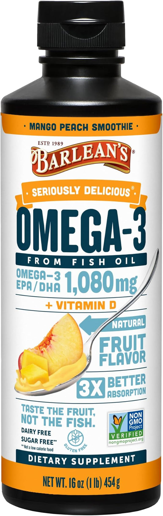 Barlean's Mango Peach Omega 3 Fish Oil Liquid Supplement with Vitamin D, 1080mg EPA & DHA Fatty Acid, Smoothie Flavored & Burpless for Brain, Joint, & Heart Health, 16 oz