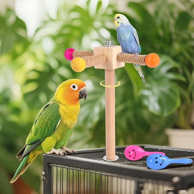Kyouki Bird Perch Toy - Suitable for Small & Medium Parrots: Conures, Cockatiels, Lovebirds, Parakeets, Quakers, Caiques, Pionus | 360° Spinning Stand (Primary Colors, Medium Size)