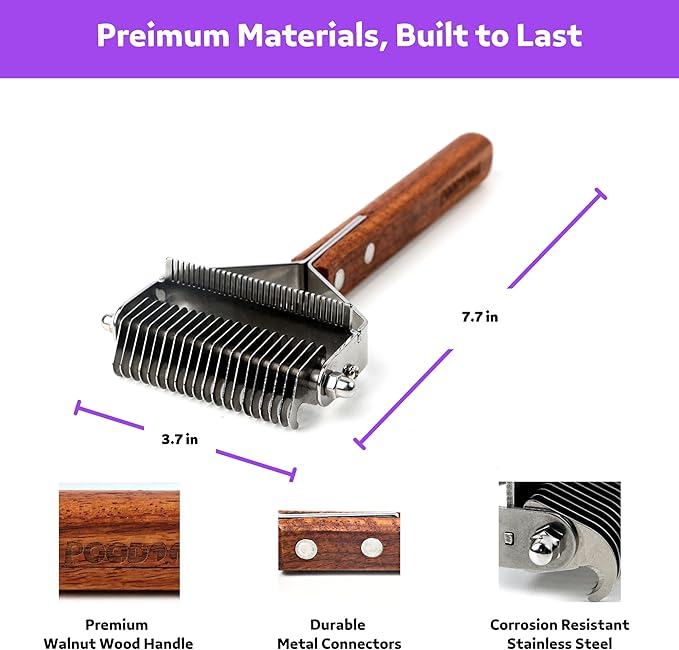 2 in 1 Dogs Cats Dematting Grooming Comb, Perfect Deshedding Undercoat Rake for Poodle & Goldendoodle, Efficiently Detangling Shedding Loose Hair & Matted Fur, All Long Haired Pet (Dark)