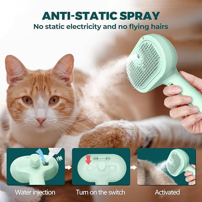 3-in-1 Self-Cleaning Pet Grooming Tool: Versatile Steam Brush for Cats and Dogs, with Bath Supplies and Detachable Bristles (Green)