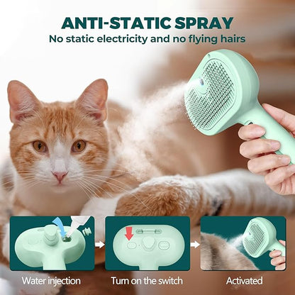 3-in-1 Self-Cleaning Pet Grooming Tool: Versatile Steam Brush for Cats and Dogs, with Bath Supplies and Detachable Bristles (Green)