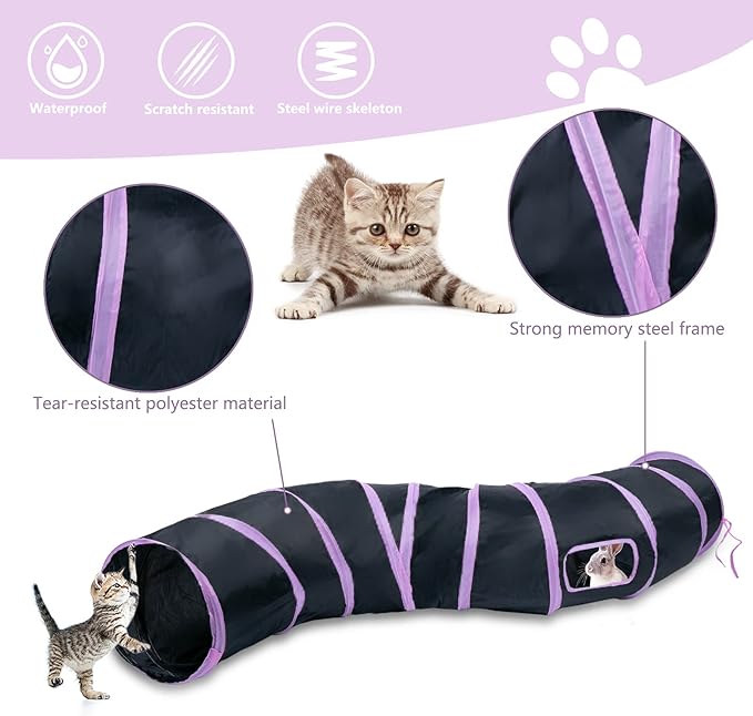 Sheldamy Cat Tunnel, S-2-Way Cat Tunnels for Indoor Cats, Collapsible Cat Play Tunnel, Interactive Toy Maze Cat House with 1 Play Ball for Cats, Puppy, Kitty, Kitten, Rabbit (Pink & Black)