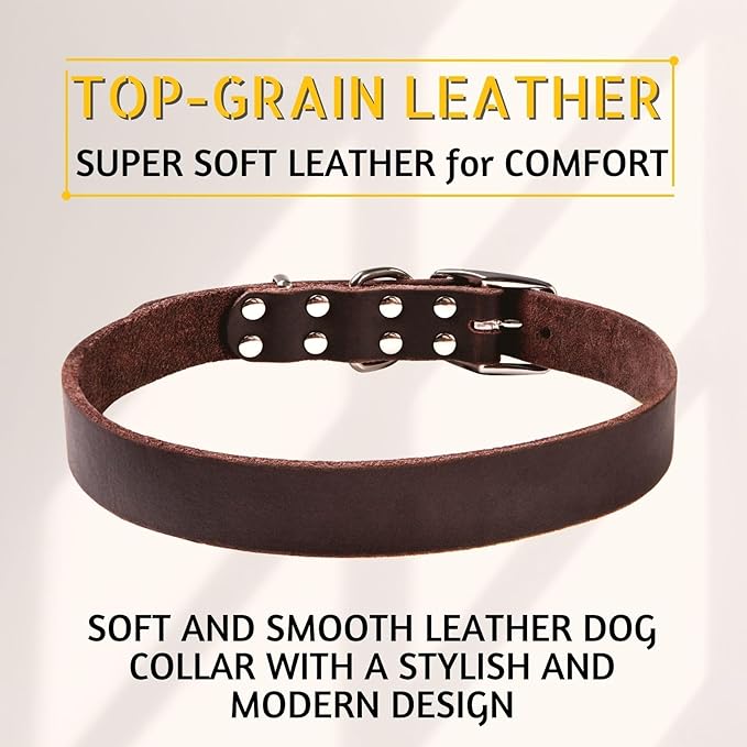 ADITYNA - Leather Dog Collar for Medium Dogs - Classic Style, Soft and Strong, Heavy Duty, Top-Grain Leather, Handmade - for Walking, Training, Hiking, and Running (M - Neck: 15-20 inches, Brown)