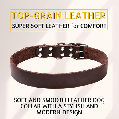 Adityna - Leather Dog Collar for Large Dogs - Classic Style, Soft and Strong, Heavy-Duty Top-Grain Leather Collar for Walking, Training, Hunting, and Running (L - Neck: 19-24 inches, Brown)