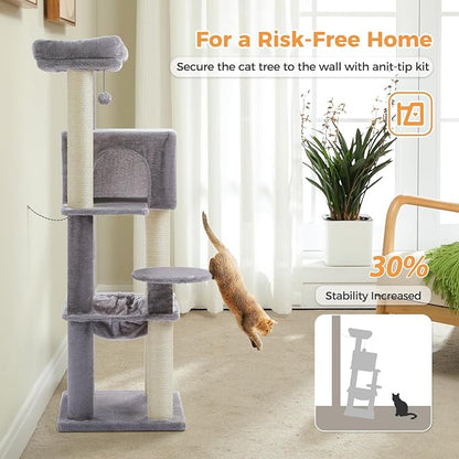 PETEPELA Cat Tree for Large Cats up to 30 lbs, 58" Heavy Duty Cat Tower with Reinforced Scratching Posts[ φ3.9”], Large Hammock, Spacious Condo & Top Perch, Sturdy Cat Furniture for Maine Coons, Grey