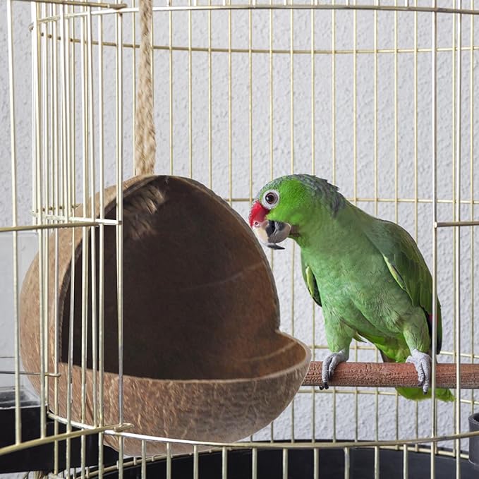 Natural Coconut Bird Nest,Hanging Coco Birds House Habitats Decor,Parrots Coconut Shell Nest Hideout with Grinding Beak Toys,Bird Cage Accessories Coconut for Canary Lovebird Cockatiel