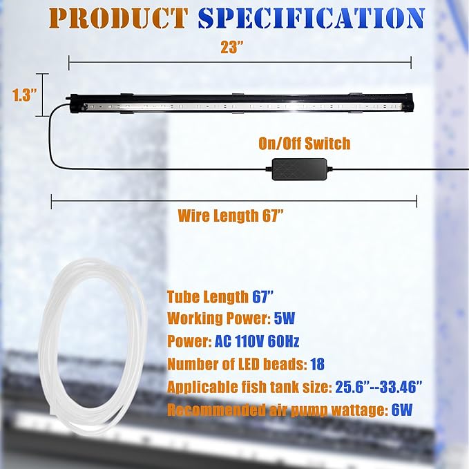 Smart App-Controlled LED Aquarium Light with 16 Million Colors, 12 Dynamic Effects, Fish Tank Light with Nano Air Bubble for Aquarium Bubbler Decorations, Submersible Fish Tank Accessories - 23''