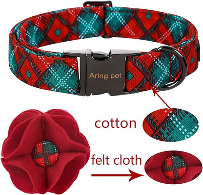 ARING PET Christmas Dog Collar-Fancy Dog Collar with Felt Flowers, Cotton Christmas Plaid Dog Collars Pet Collars with Metal Buckle