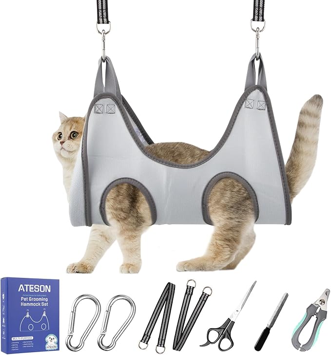 Pet Grooming Hammock Harness for Cats & Small Dogs (XXS), Dog Nail Trimming Sling with Clippers, Scissors & Nail File, Hanging Holder for Easy Grooming & Nail Care