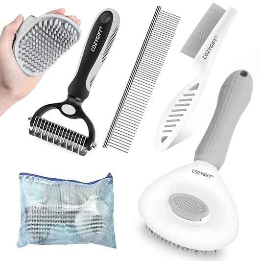 5 in 1 Dog Grooming Kit, Self Cleaning Slicker Brush for Shedding Short Long Haired Dogs & Cats, Includes Pet Comb, Flea Comb, Bath Brush, Undercoat Rake, Gray