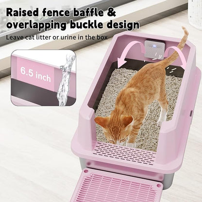 RIZZARI Stainless Steel Litter Box: Pink Leakproof Open Top Tray - Large Size Odor Control for Cats Under 20 lbs - with Deodorizer - 2 Pack - for Laundry Room Restroom