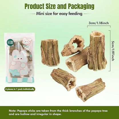 Abizoo Natural Bunny Chew Toys,6 Pcs Organic Papaya Wood Sticks Chew Toys for Rabbit,Hamster,Guinea Pig,Chinchilla,Gerbil,Rat Healthy Chews Teeth Grinding Treats, Squirrel Molar Snack