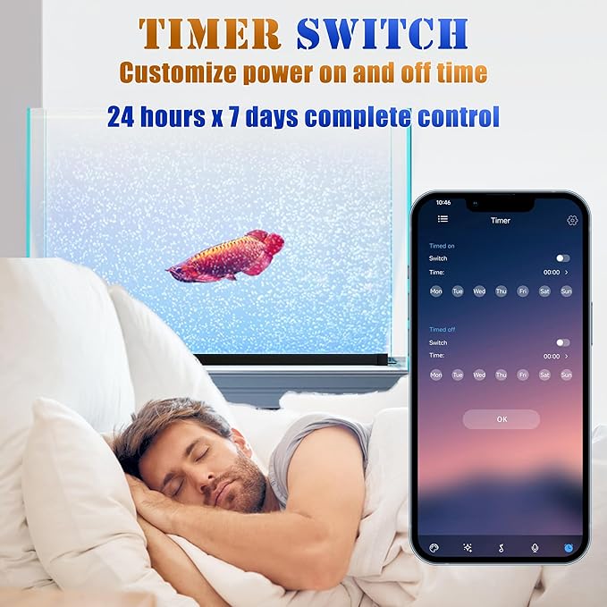 Smart App-Controlled LED Aquarium Light with 16 Million Colors, 12 Dynamic Effects, Fish Tank Light with Nano Air Bubble for Aquarium Bubbler Decorations, Submersible Fish Tank Accessories - 23''