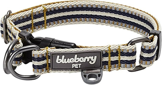 Blueberry Pet 3M Reflective Dog Collar - Adjustable Safety Dog Collars for Small Dogs, Multi-Colored Stripes in Olive & Blue-Gray, Durable Nylon Small Dog Collar with Pet Safety Features