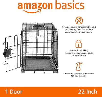 Amazon Basics Durable, Foldable Metal Wire Pet Crate with Tray, Portable and Sturdy for Travel, Single Door, Divider Panel, Perfect Size for Small Dogs, 22 x 13 x 16 in, Black