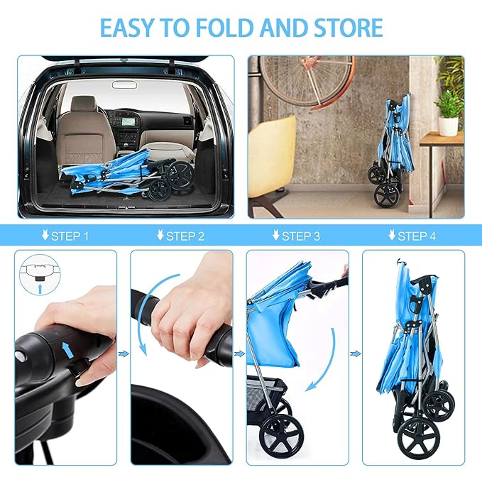 Dog Stroller for Small Dogs, Portable Pet Stroller for Cats Folding Puppy Stroller Lightweight Dog Cat Cage Jogger Stroller with Storage Basket and Cup Holder, 4 Wheels, Blue