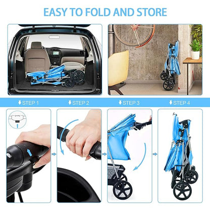 Dog Stroller for Small Dogs, Portable Pet Stroller for Cats Folding Puppy Stroller Lightweight Dog Cat Cage Jogger Stroller with Storage Basket and Cup Holder, 4 Wheels, Blue