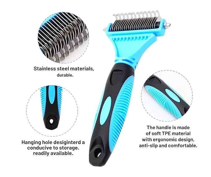 3-in-1 Pet Grooming Set - Self-Cleaning Slicker Brush, Deshedding Rake Comb, and Finger Toothbrush for Dogs & Cats | Perfect for Grooming, Dematting, and Dental Care (blue)