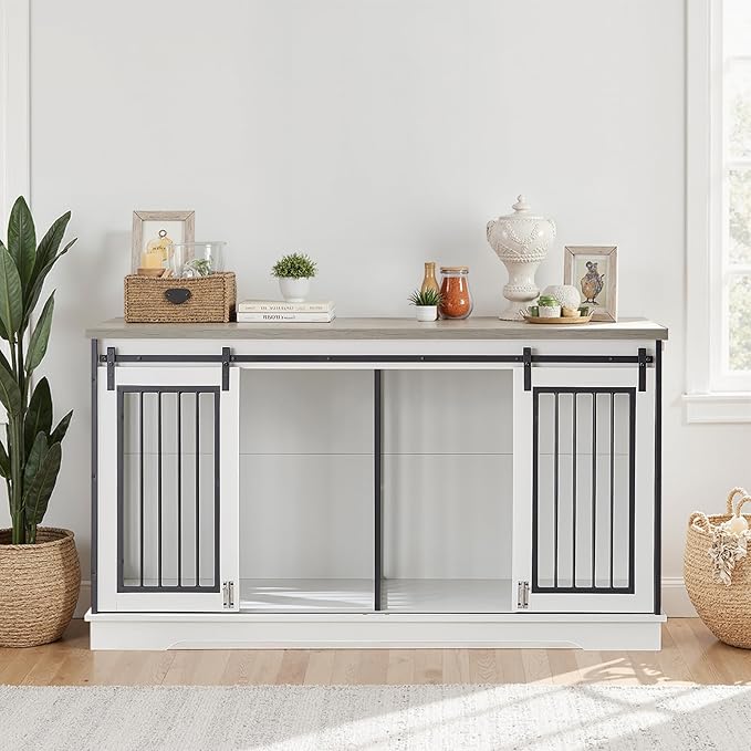 Rovibek 60.6" Double Dog Crate Furniture, Large Dog Kennel Furniture TV Stand for 2 Dogs, Furniture Style Dog Crates End Table, Wood Crates for Dogs White