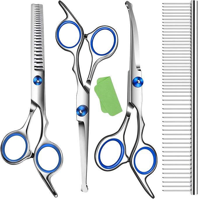 Dog Grooming Scissors with Safety Round Tip,Professional Dog Grooming Kit,Dog Hair Shears Set,Incude Thinning Curved_traight Scissors and Comb. Suitable for The Right Hand