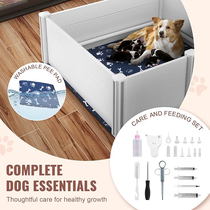 VEVOR Whelping Box for Dogs, 48 x 48 x 18.1in Whelping Box for Puppies, Whelping Pen for Puppies, Dog Birthing Box with Rails and Washable Pee Pad, Whelping Box for Large Breed Dogs, White