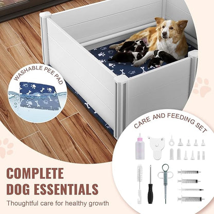 VEVOR Whelping Box for Dogs, 48 x 48 x 18.1in Whelping Box for Puppies, Whelping Pen for Puppies, Dog Birthing Box with Rails and Washable Pee Pad, Whelping Box for Large Breed Dogs, White
