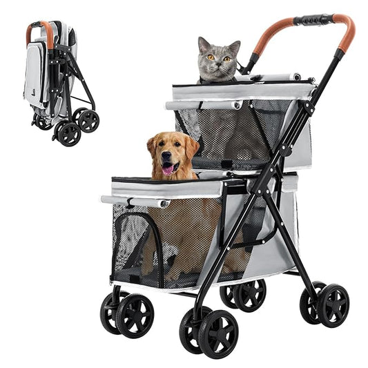 Double Pet Stroller for Dogs and Cats, One-Hand Folding Dog Stroller Travel Carriage for Small Medium Dogs Cats, 4 Wheels, Gray