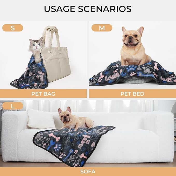 Luciphia 1 Pack 3 Blankets Fluffy Premium Fleece Pet Blanket Flannel Paw Bone Printed Throw for Dog Cat(Small 23"x16", White/Grey/Navy)