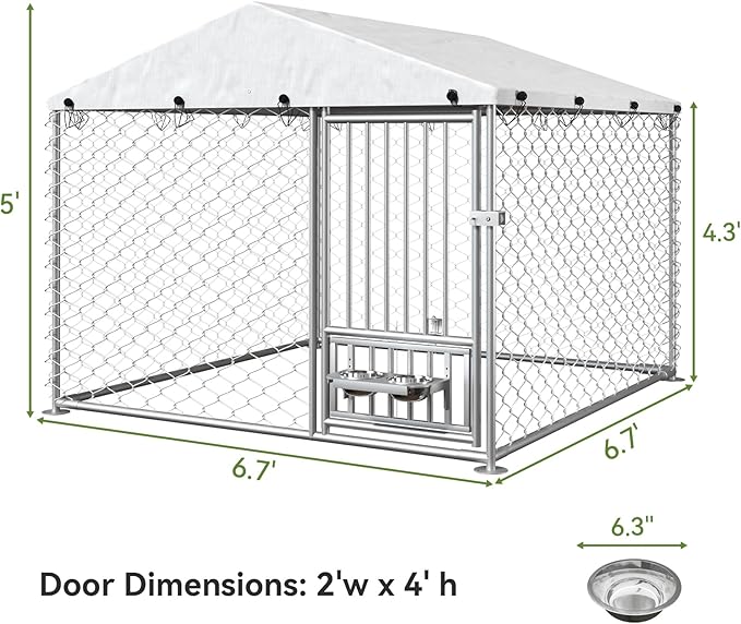 6.7 x 6.7 ft Dog Kennel Outside - Outdoor Dog Kennel with Roof, Heavy Duty Outdoor Dog Kennel with Rotating Feeding Bowls, for Medium Small Dogs